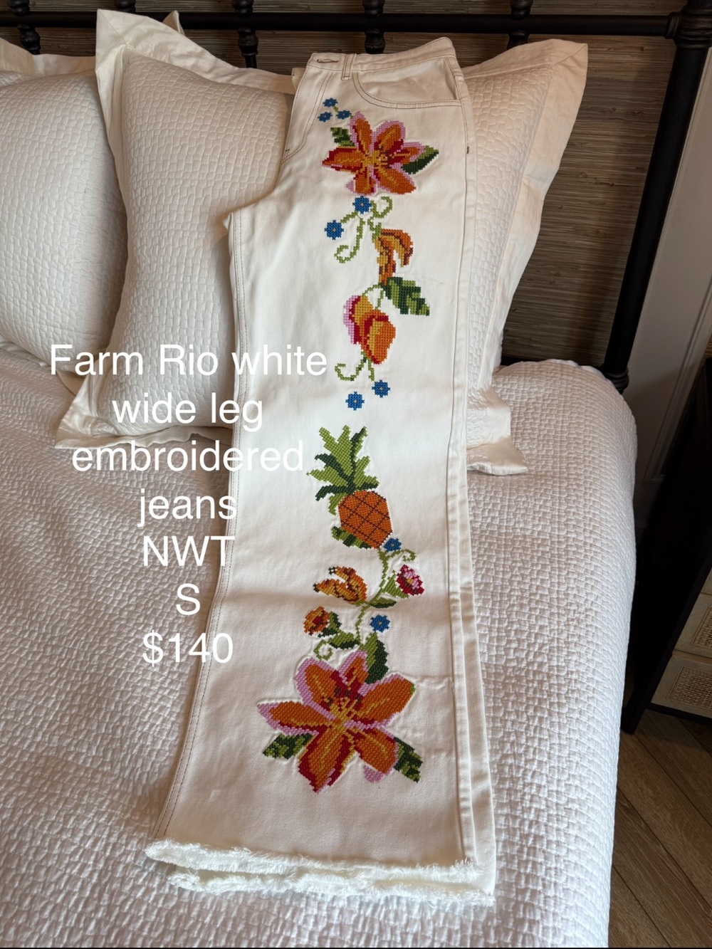 FARM Rio White Wide-Leg Jeans with Colorful Tropical Embroidery